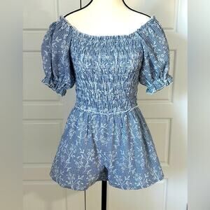 Hannah banana blue smocked gingham off the shoulder romper short sz 12 floral